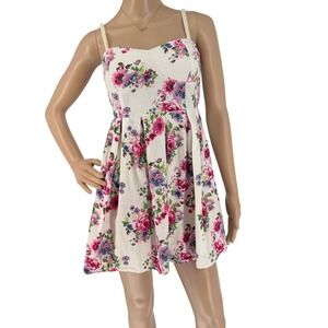 Derek Heart Floral 100% Cotton Mini Dress Pink Blue Rose Smocked Back Small